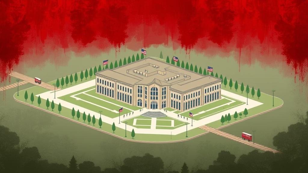 An illustration of the proposed EU diplomatic academy, now tainted as the epicenter of the scandal, with visual cues of a rigged contract or criminal investigation.