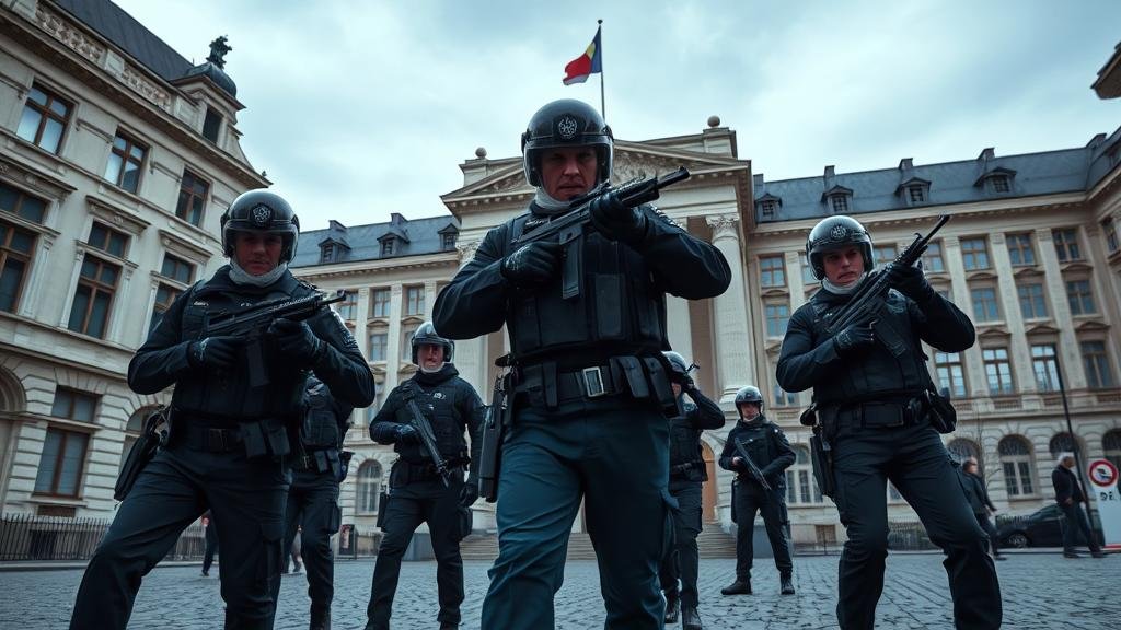 A dramatic depiction of police raids on EU diplomatic headquarters in Brussels, symbolizing the shocking arrests of high-profile officials in a major corruption scandal.