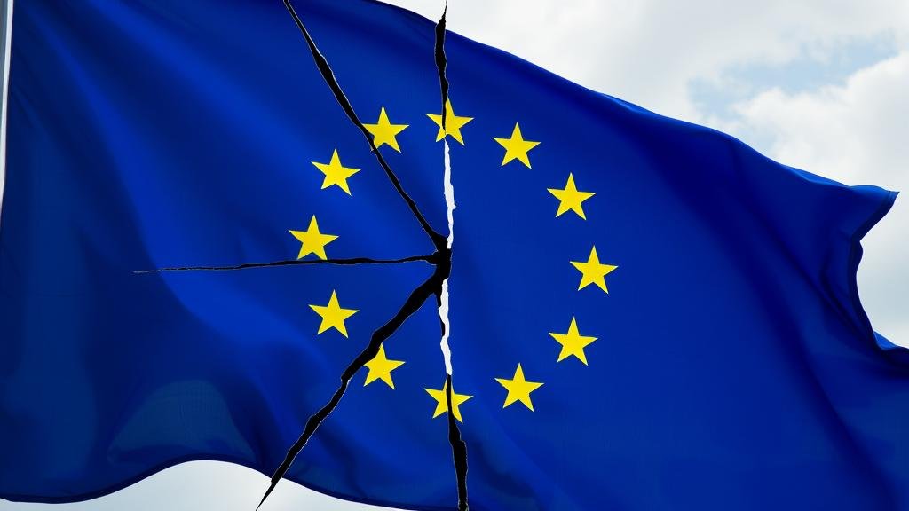 A symbolic image representing the fallout of the scandal, such as a cracking EU flag or landmark, illustrating the damage to public trust and the EU's reputation.