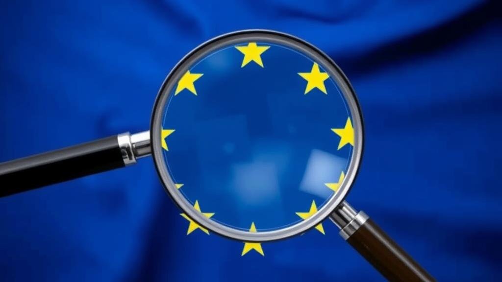 EU flag under a large magnifying glass, symbolizing intense scrutiny and a test of integrity.