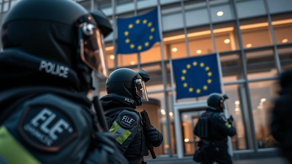 Police raid on an EU building in Brussels, with the EU flag visible, symbolizing a crisis.