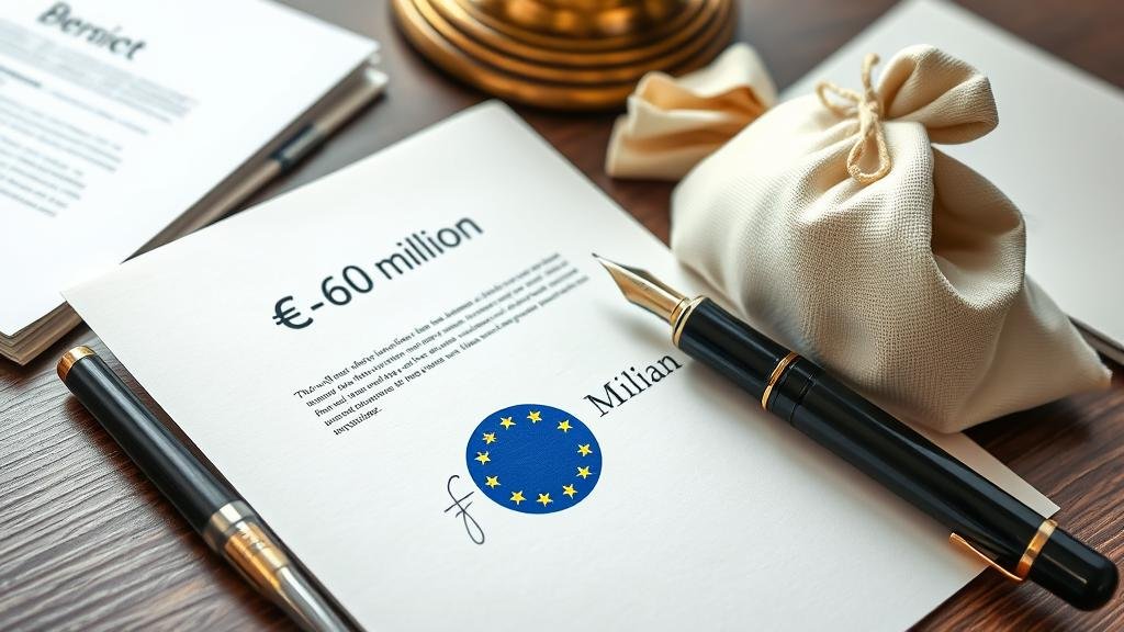 A symbolic representation of the controversial €60 million contract featuring a signed document, a pen, and money.