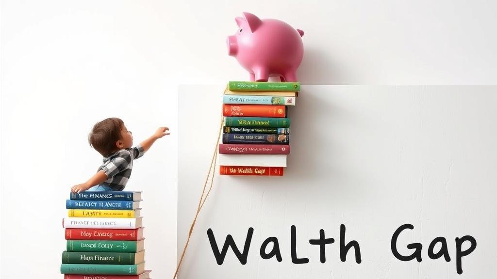 A child climbing a ladder made of books about finance to reach a piggy bank on top of a wall labeled 'Wealth Gap,' symbolizing overcoming inequality through financial literacy.