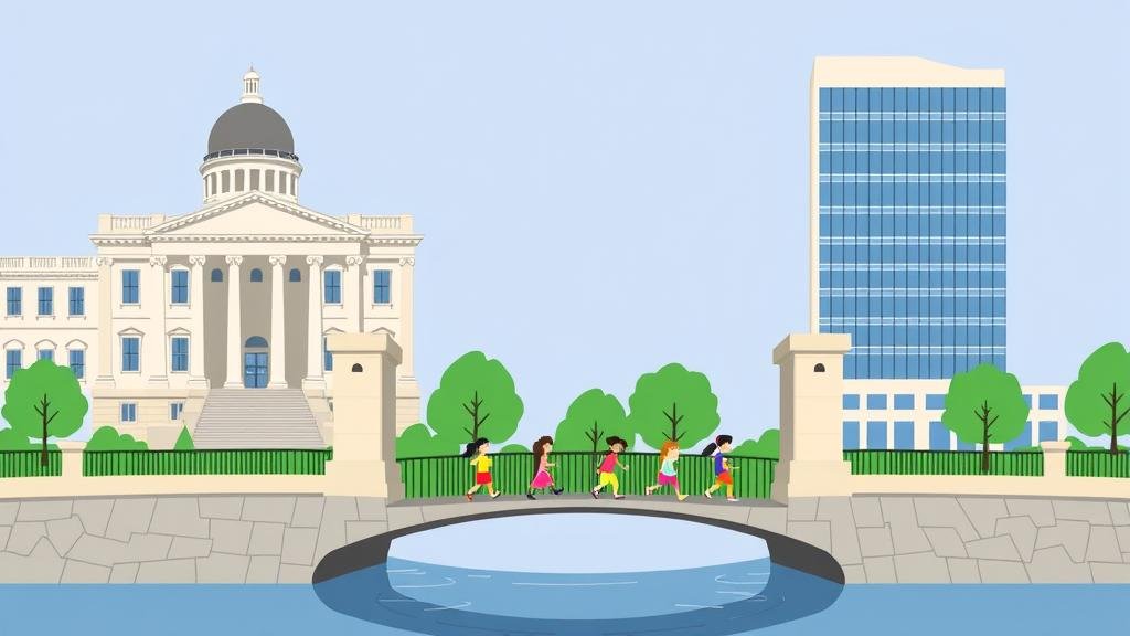 A stylized bridge connecting a classic government building to a modern corporate building, with a diverse group of children crossing it, symbolizing a public-private partnership.