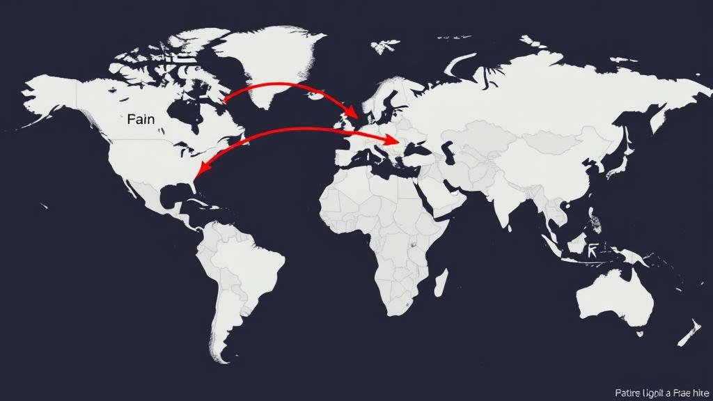 A world map with arrows showing capital flowing back to Japan from other major financial centers, illustrating the potential global impact of the rate hike.