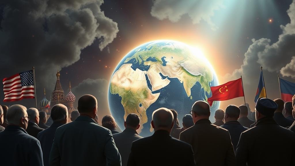 The world watches with bated breath: A powerful image showing the globe with a spotlight on Moscow. Figures representing different nations (USA, China, European countries) are watching intently. The scene captures the global anticipation and the high stakes of the meeting, with a mood of uncertainty and a slight glimmer of hope for a peaceful resolution to the devastating war.