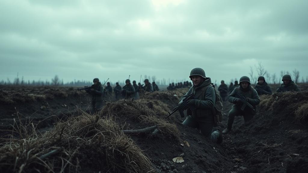 The grim reality of the Russia-Ukraine war: A stark and somber image of the battlefield in Ukraine. The scene depicts the harsh conditions of trench warfare, with Ukrainian soldiers holding their ground. In the background, the sky is grey and heavy, reflecting the ongoing conflict that serves as the backdrop for the high-level peace negotiations.