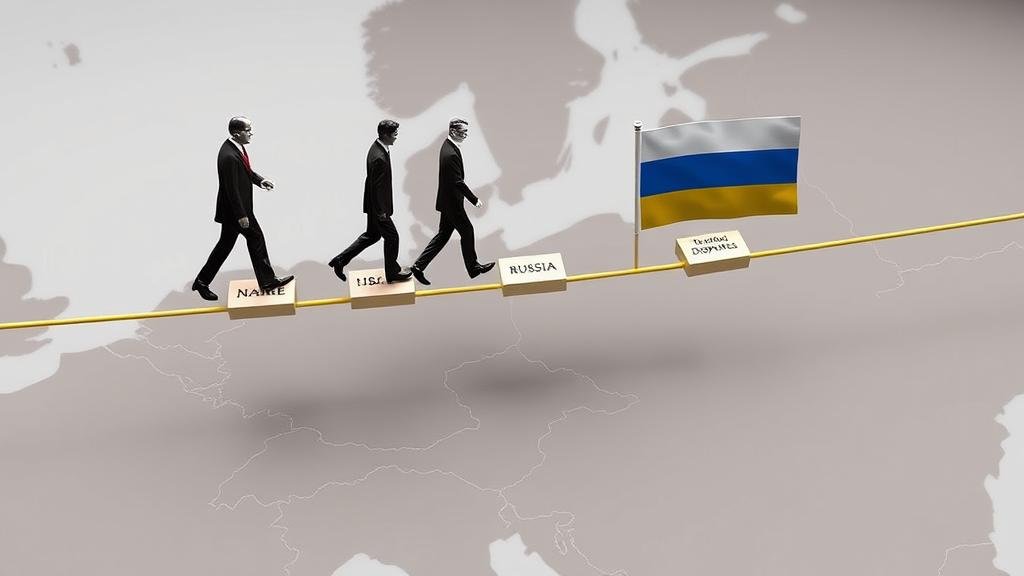 Navigating the diplomatic tightrope: A symbolic and artistic representation of the difficult peace negotiations. Diplomats, including figures representing the US, Ukraine, and Russia, carefully walk a tightrope stretched over a map of Eastern Europe. The tightrope represents the precarious path to a lasting peace agreement, with key obstacles like 'NATO membership' and 'Territorial Disputes' written on blocks they must step over.