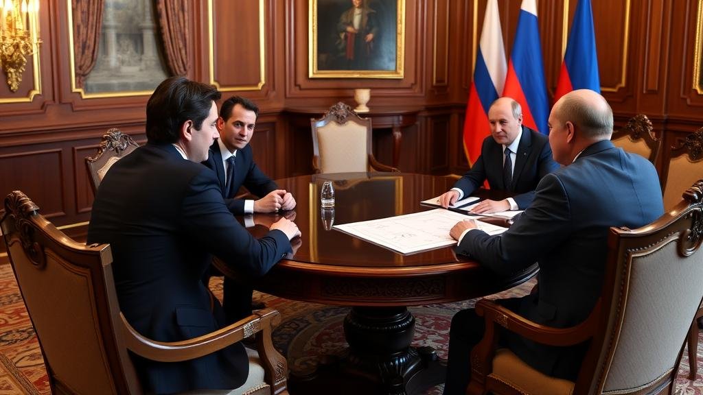 A high-stakes diplomatic meeting in Moscow: Jared Kushner and Steve Witkoff, known for their real estate backgrounds, sit across from Vladimir Putin at a negotiating table, discussing a peace plan for Ukraine. The setting is formal, inside the Kremlin, but with subtle hints of real estate deal-making, like blueprints or building models on the table, symbolizing their unconventional approach to diplomacy.