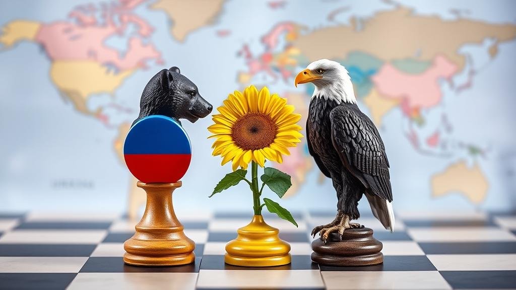 A chess board with a Russian bear, an American eagle, and a Ukrainian sunflower as pieces, representing the key players in the conflict.