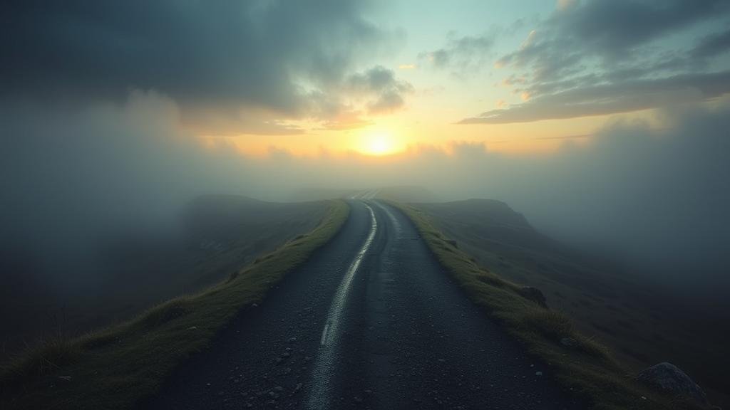 A diverging path at a misty crossroads, with one path leading to sunrise (peace) and another to a storm (conflict).