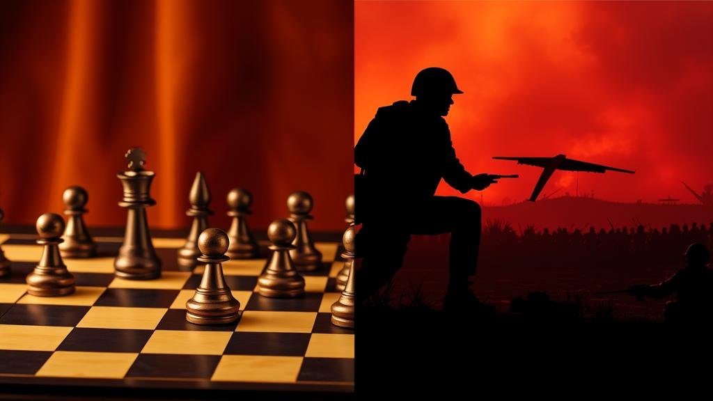 A split image, with one side showing a chessboard to represent strategic maneuvering, and the other side depicting a silhouette of a soldier on a battlefield, symbolizing the dual approach of diplomacy and military pressure.