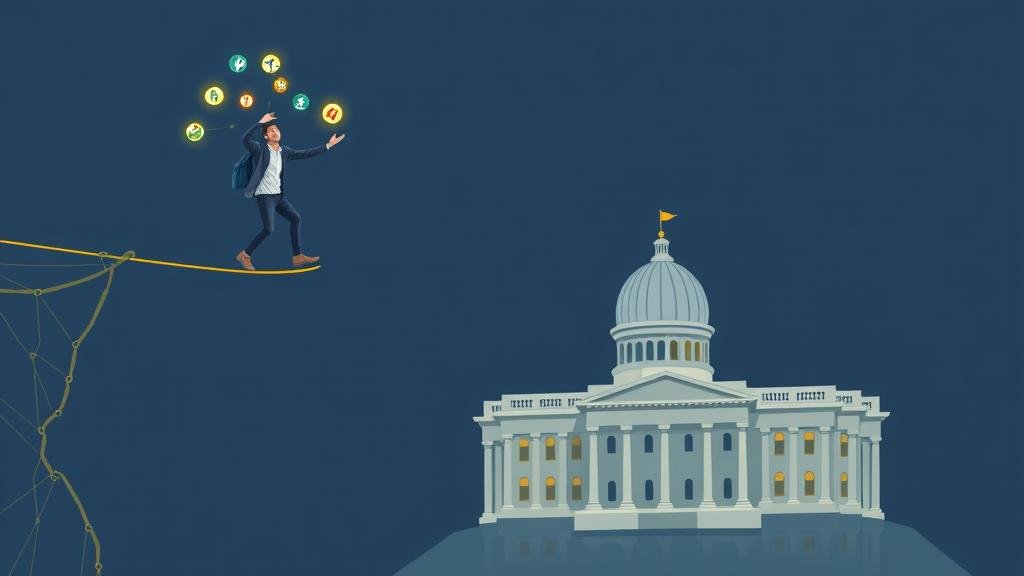 A gig worker balances on a tightrope while a large government building extends a safety net below.