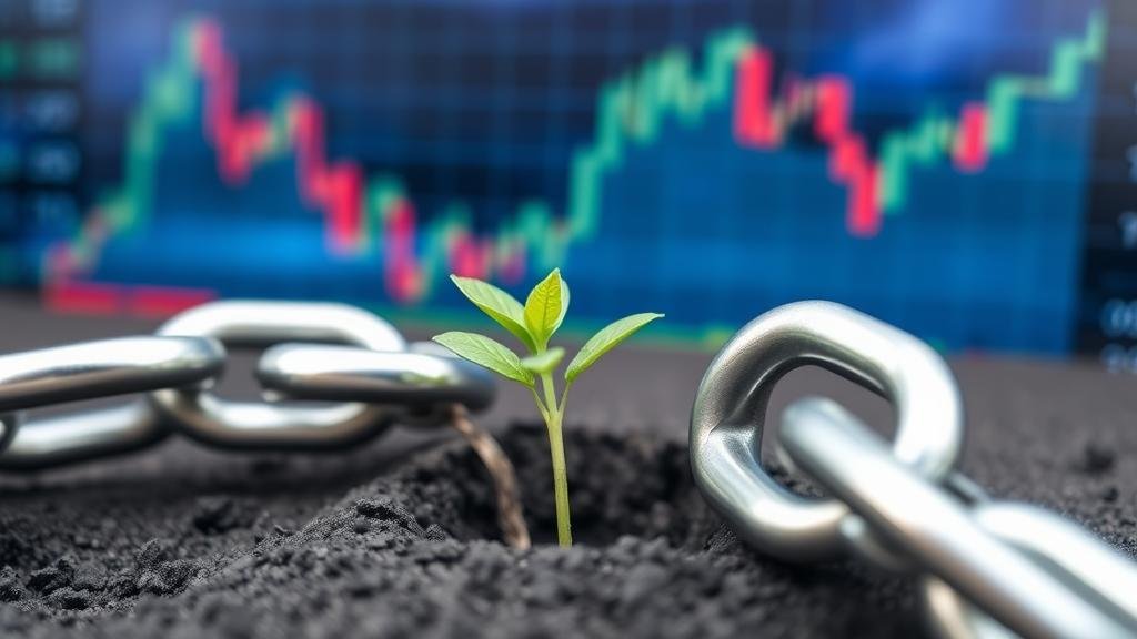 A symbolic image of a broken chain against a backdrop of a volatile stock market graph, with a single green sprout growing through a crack in the ground, representing economic disruption and the hope of recovery.