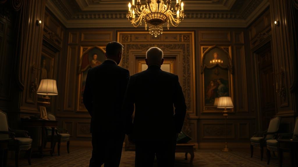 A dramatic and shadowy image of three men in suits meeting in a grand, opulent room, evoking the secretive and high-stakes nature of backchannel diplomacy.