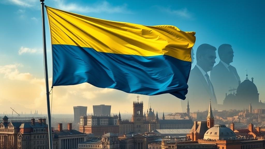 An image of the Ukrainian flag flying defiantly over a war-torn but resilient city, with the silhouettes of international leaders in the background, representing Ukraine's firm stance and the watchful eye of the international community.