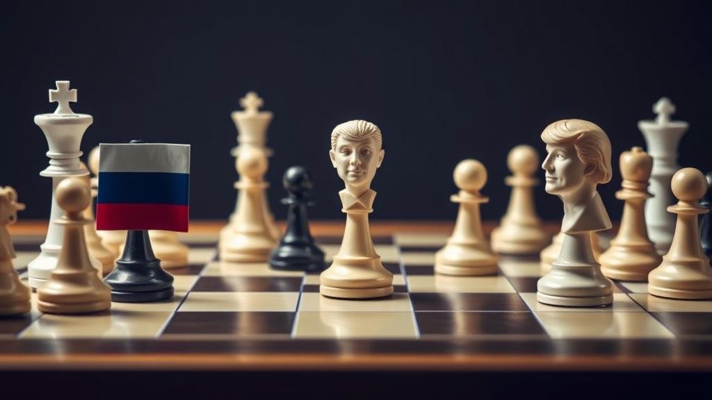 An abstract and symbolic representation of a geopolitical chess game. A chessboard with pieces representing Russia, an unofficial US envoy (represented by figures like Kushner and Witkoff), and Ukraine. The mood is strategic and uncertain, with some pieces making unconventional moves to illustrate the unpredictable nature of this freelance diplomatic mission.