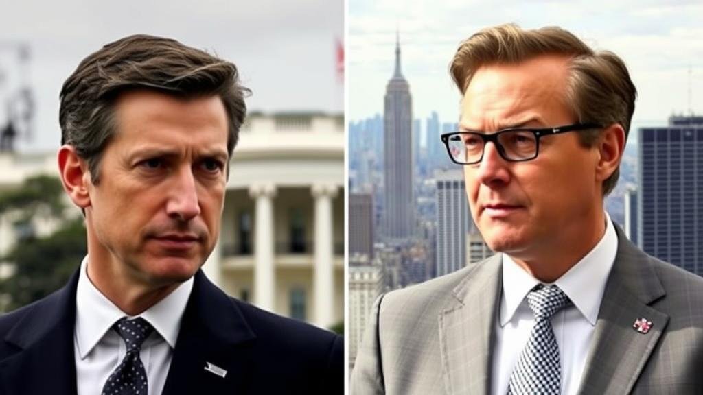 A split-panel, character-focused image. One side features Jared Kushner with a backdrop of the White House, looking like a seasoned diplomat. The other side shows Steven Witkoff against a New York City skyline, portrayed as a powerful real estate mogul. This visual highlights their unexpected roles in international diplomacy.