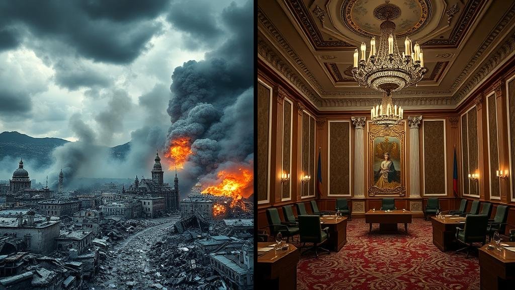 A powerful and contrasting diptych. On one side, an image of a destroyed Ukrainian city under bombardment, highlighting the harsh realities of war and the ongoing humanitarian crisis. On the other side, a glimpse of a luxurious, empty Kremlin meeting room, symbolizing the disconnect between high-level diplomatic talks and the grim situation on the ground.