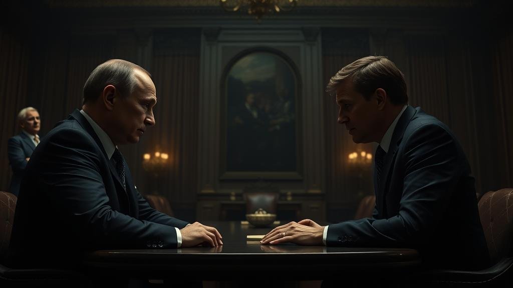 A dramatic and mysterious cinematic-style depiction of Vladimir Putin, Jared Kushner, and Steven Witkoff meeting in the Kremlin. The atmosphere is tense, with deep shadows and a sense of high-stakes political intrigue, as if from a political thriller.