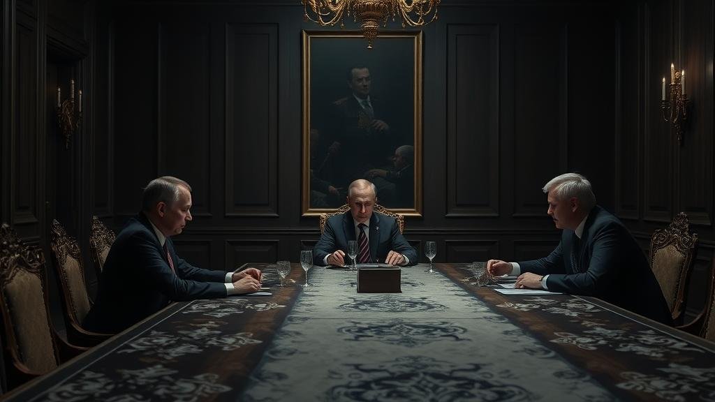 A clandestine meeting in the Kremlin, where Vladimir Putin, Jared Kushner, and Steven Witkoff are seated at a long, ornate table. The room is dimly lit, with dramatic shadows, conveying a sense of secrecy and high-stakes negotiation. Putin is at the head of the table, flanked by Kushner and Witkoff, all in serious discussion, with the fate of the Ukraine war hanging in the balance.