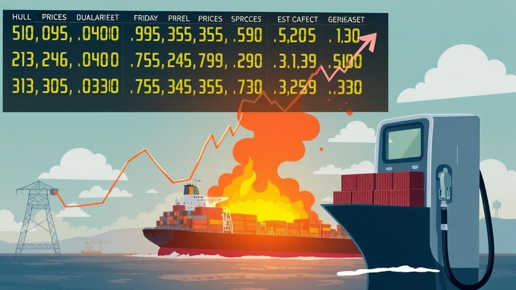 An illustration of the global economic impact of the conflict. A stock market ticker shows falling prices in the background, while in the foreground, a gas pump displays soaring fuel prices, and a cargo ship is depicted as being blocked from leaving a port, representing the disruption to energy and food supplies that has affected households worldwide.