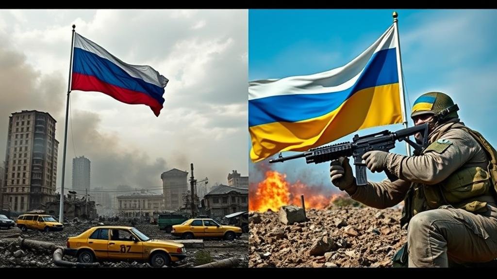 A split-screen image depicting the 'war of narratives.' On one side, a triumphant Russian flag flies over a devastated urban landscape, symbolizing Russia's claimed battlefield victories. On the other side, Ukrainian forces are shown in a successful counter-attack, resilient and determined, highlighting their narrative of resistance and inflicting heavy losses on the invaders.
