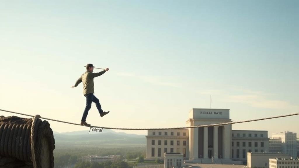 A visual of a tightrope walker balancing on a rope labeled 'Federal Funds Rate,' holding a pole with 'Economic Growth' on one end and 'Price Stability' on the other, symbolizing the core conflict of the Federal Reserve's dual mandate.