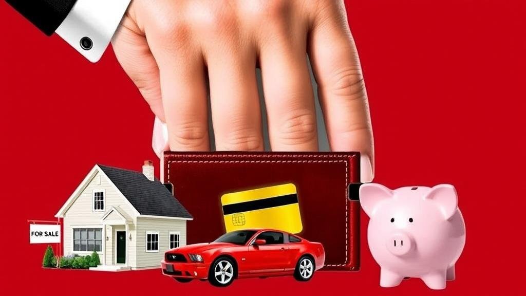 A collage showing a house with a 'For Sale' sign, a new car, a credit card, and a piggy bank, symbolizing how the Federal Reserve's decisions directly impact a person's wallet.