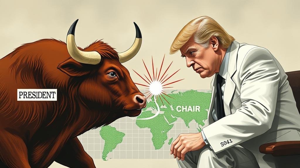 A dramatic depiction of a bull labeled 'The President' and a calm, composed figure labeled 'Fed Chair' clashing over a graphic of the global economy, representing the high-stakes feud over monetary policy.