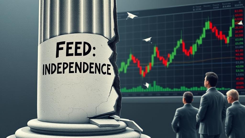An image of a cracked and crumbling pillar labeled 'Fed Independence,' with anxious investors looking at a volatile stock market graph in the background, representing the real-world consequences of the public dispute.