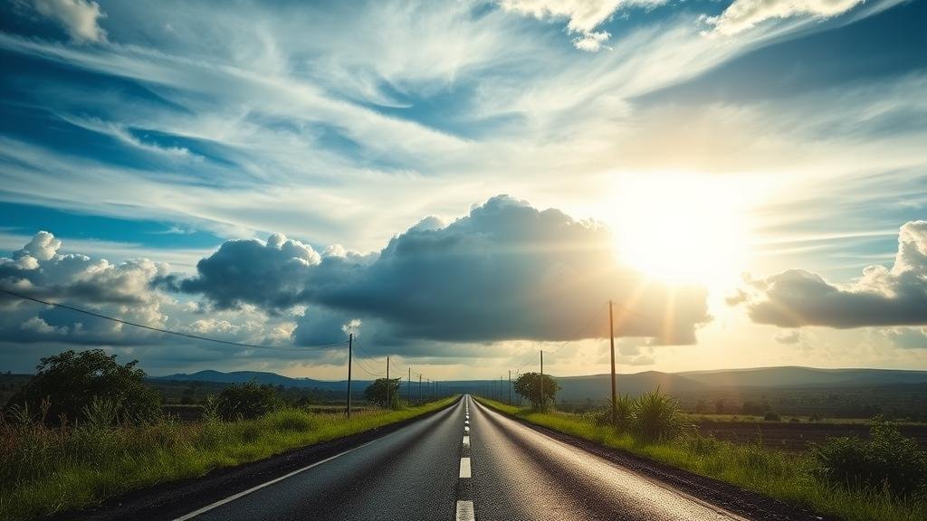 A metaphorical and poignant image of a road diverging at a crossroads under a sky dominated by the Honduran flag. One path leads to a bright, promising horizon, while the other is fraught with shadows and uncertainty, representing the pivotal choice facing the nation.