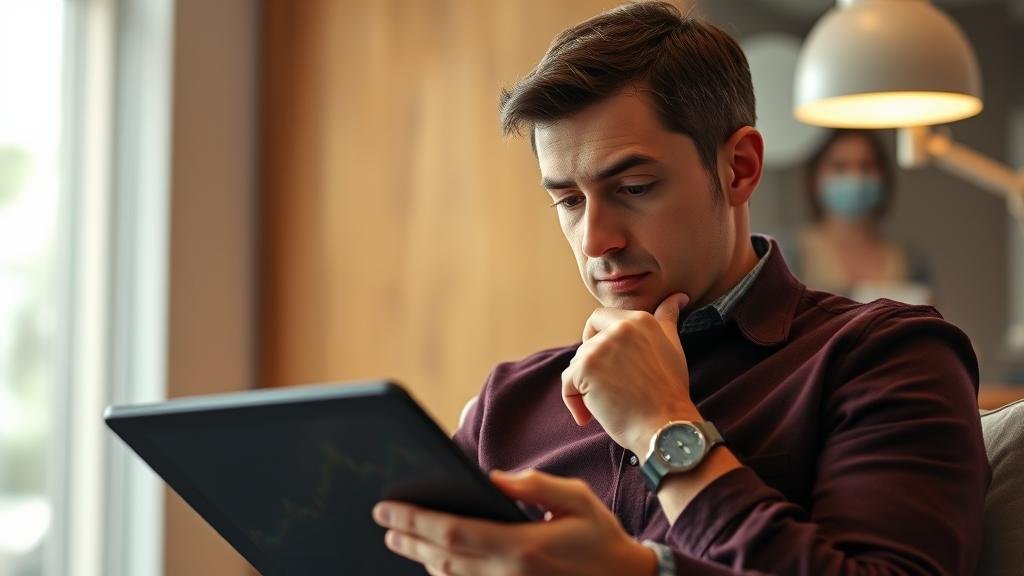 A person thoughtfully looking at a stock chart on their tablet. The chart shows a distinct dip, and the person is looking thoughtful, not panicked. This represents an investor calmly analyzing the situation.