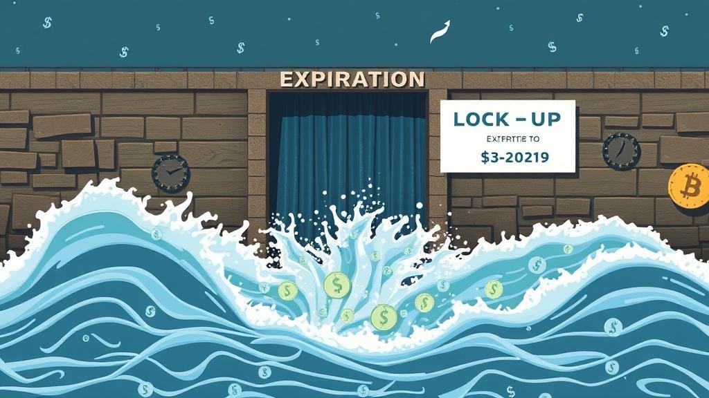 An image depicting a dam breaking, with water rushing out made of stock symbols, representing the flood of shares into the market after lock-up expiration.