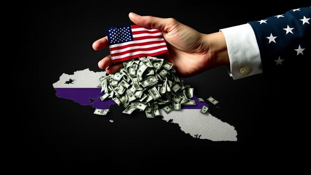 A dramatic and symbolic image of a hand adorned with the US flag, caught in the act of either giving or taking away a substantial pile of money from a stylized map of Honduras, capturing the tension of the US aid controversy.