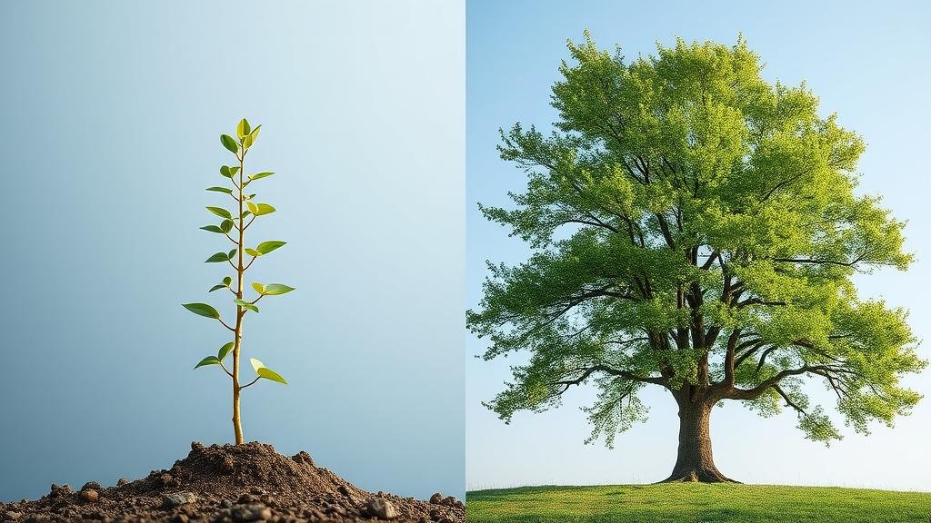 A split-screen image showing a small sapling on one side and a large, thriving tree on the other, representing growth over time.