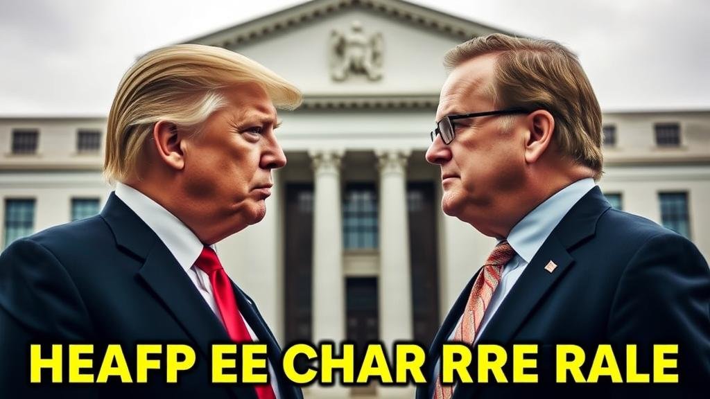 A dramatic face-off between former President Trump and potential Federal Reserve Chair Kevin Hassett, set against the backdrop of the Federal Reserve building, capturing the tension and high stakes of the 'Fed chair race.'