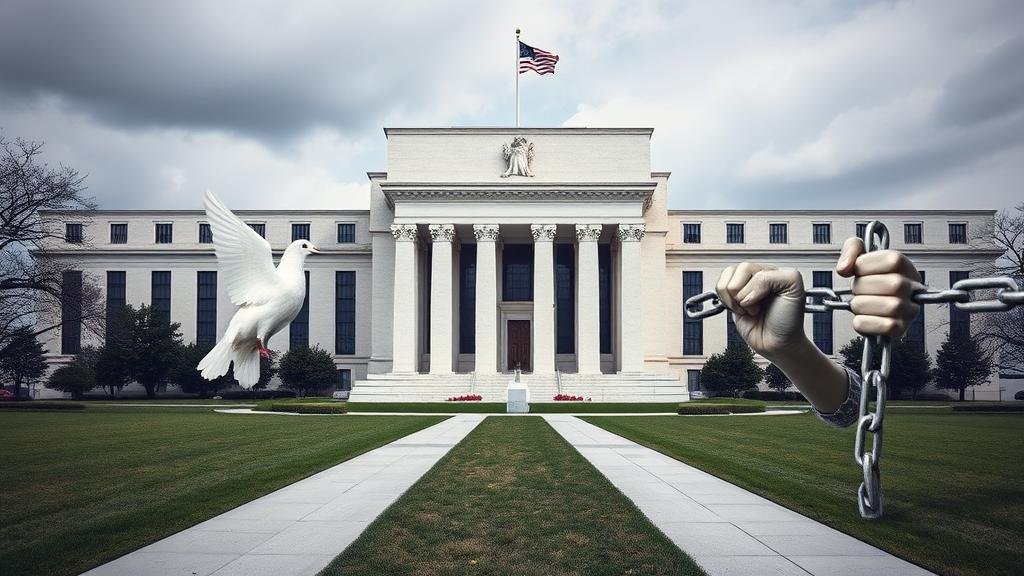 A symbolic image of the Federal Reserve building with two potential paths diverging from it: one path guarded by a dove representing a 'dovish,' low-interest-rate policy, and the other path showing hands breaking free from chains, symbolizing the debate over 'Fed independence.'