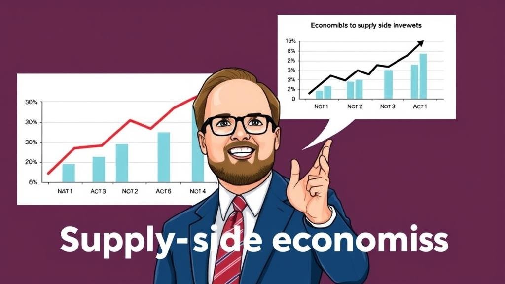 An illustration of Kevin Hassett as a 'cheerleader' for supply-side economics, with charts showing upward trends in economic growth and investment following tax cuts, representing his core economic philosophy.
