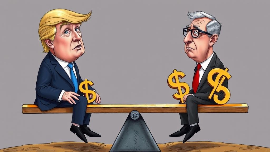 A depiction of the 'bromance gone bad' between President Trump and current Fed Chair Jerome Powell, perhaps showing them on opposite sides of a seesaw with interest rate symbols, illustrating their conflicting views on monetary policy.