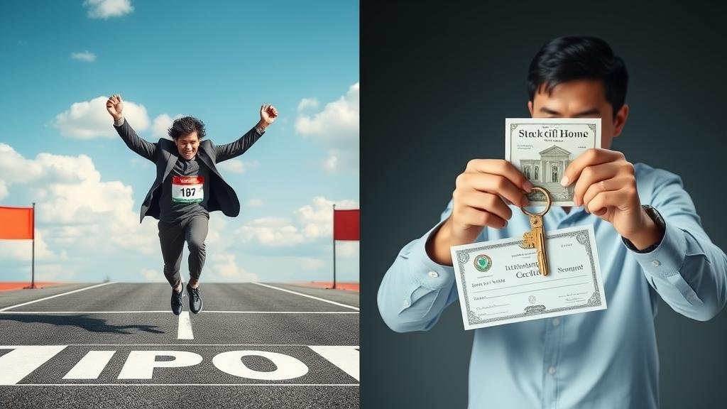 A split screen showing an investor at an IPO finish line and an employee unlocking a home with a stock certificate.