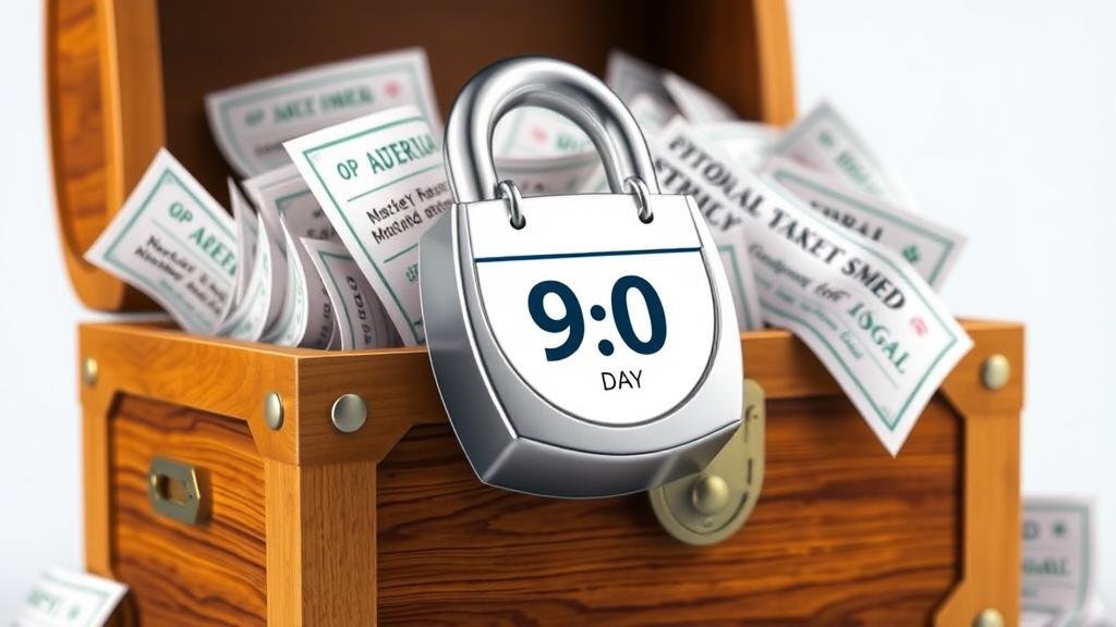 A treasure chest secured by a padlock with a 90-day countdown, symbolizing the IPO lock-up period.