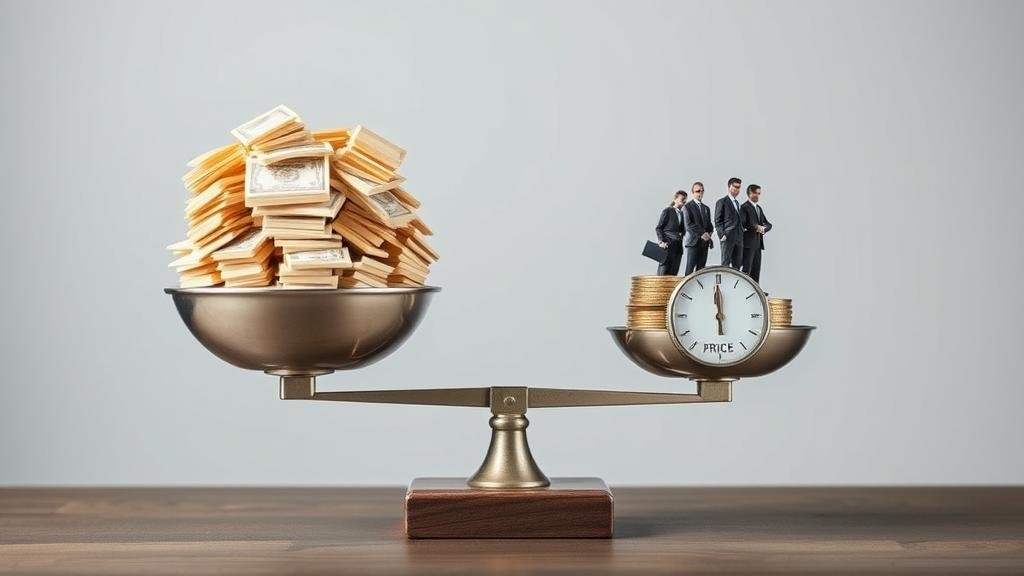 Balancing scales with a large pile of shares outweighing investors, causing the price to drop.