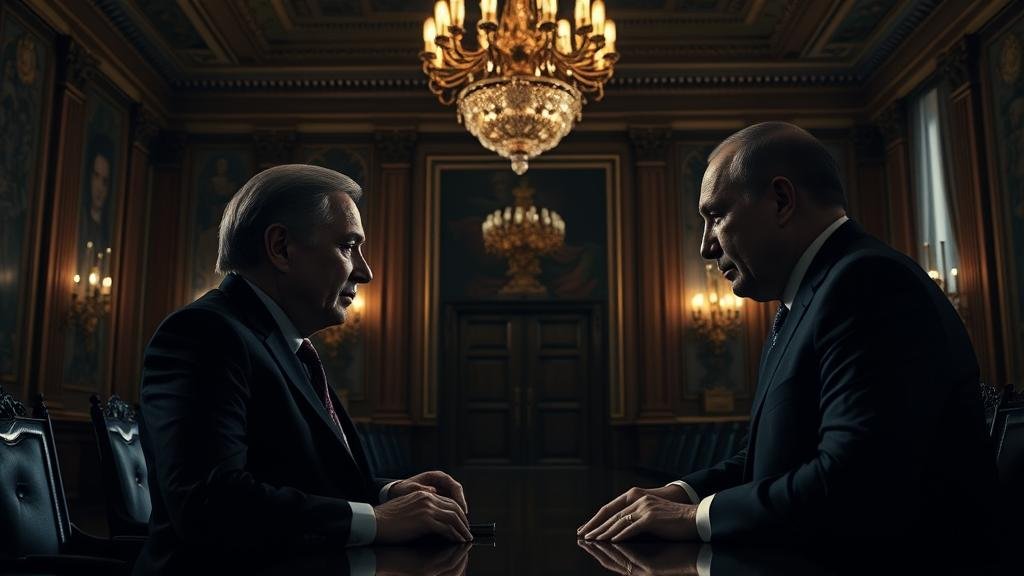 A dramatic and shadowy image of a real estate mogul and a world leader meeting in a grand, imposing room, blending elements of a corporate boardroom with the Kremlin. The lighting is low, creating a sense of secrecy and high-stakes negotiation.