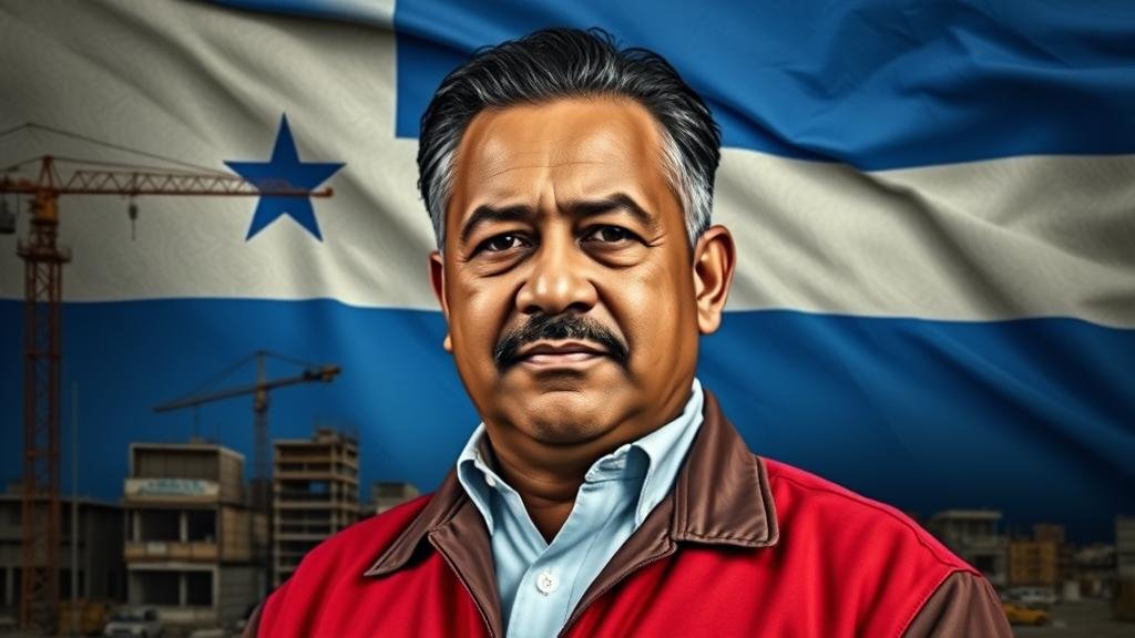 A powerful, realistic portrait of Nasry ‘Tito’ Asfura against a backdrop that merges a bustling construction site with the Honduran flag, symbolizing his journey from a construction magnate to a political leader.
