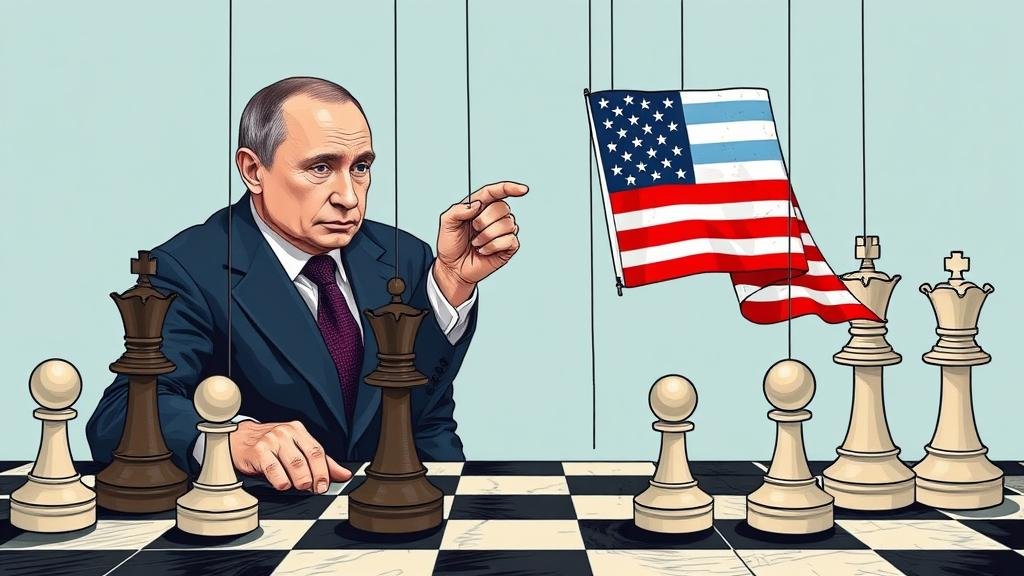 A strategic illustration of Vladimir Putin as a master puppeteer, manipulating strings connected to chess pieces representing Donald Trump and the 2024 US election, on a global chessboard.