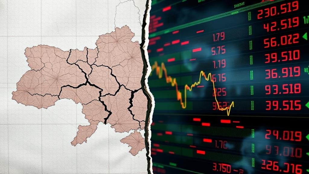 A composite image showing a cracked and divided map of Ukraine on one side, and on the other, a volatile stock market ticker flashing red and green, symbolizing the economic and geopolitical uncertainty caused by secret negotiations.