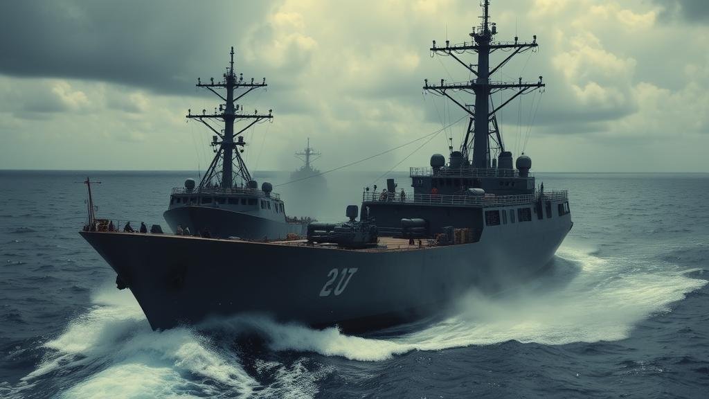 A cinematic and dramatic scene of a U.S. military operation in the Caribbean Sea, captured in a moment of high tension. A sanctioned attack on a vessel suspected of drug trafficking is depicted, with the focus on the controversial second strike that has sparked international debate.