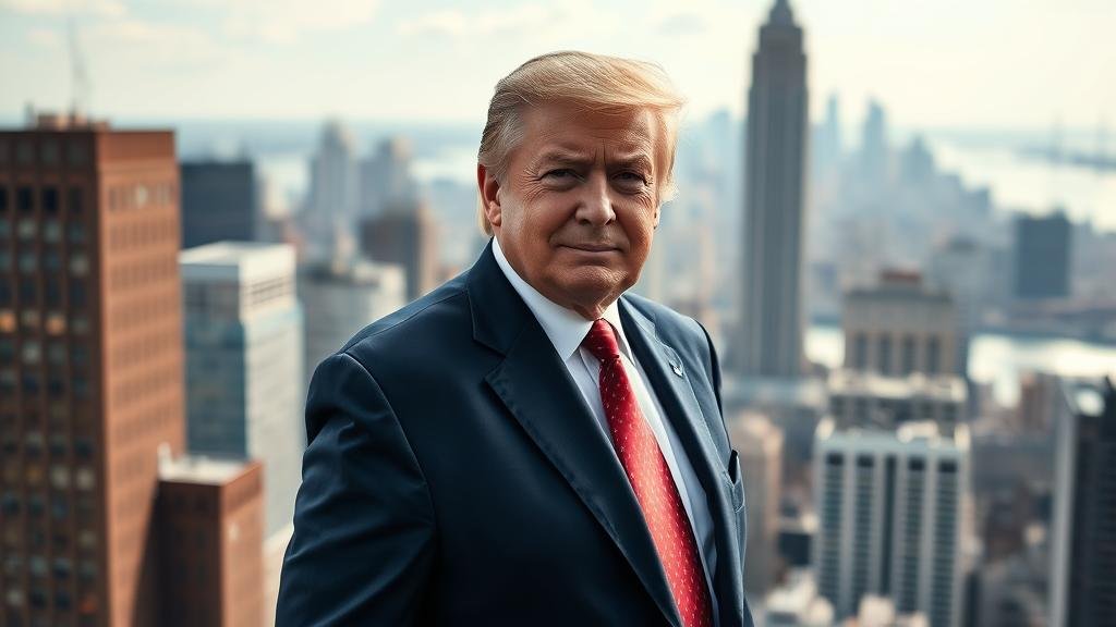 A powerful and wealthy New York City real estate developer stands confidently with the city skyline in the background. He is portrayed as a skilled negotiator and a trusted ally of a former U.S. President.