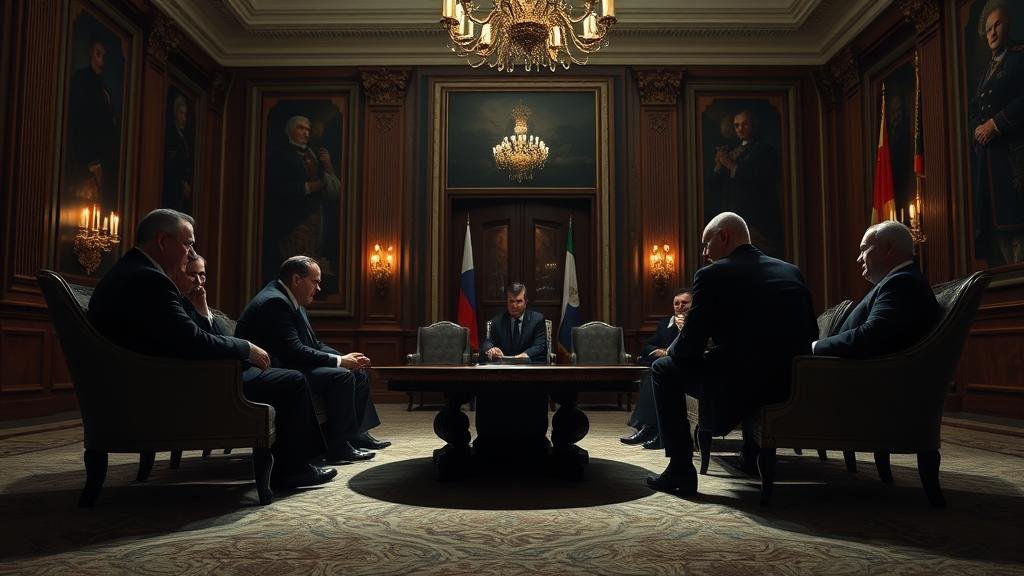 A clandestine meeting in a grand, imposing room in the Kremlin. A real estate mogul and an unofficial envoy for a former U.S. President are in a serious, lengthy discussion with the Russian President. The mood is tense and secretive, with long shadows and dramatic lighting.